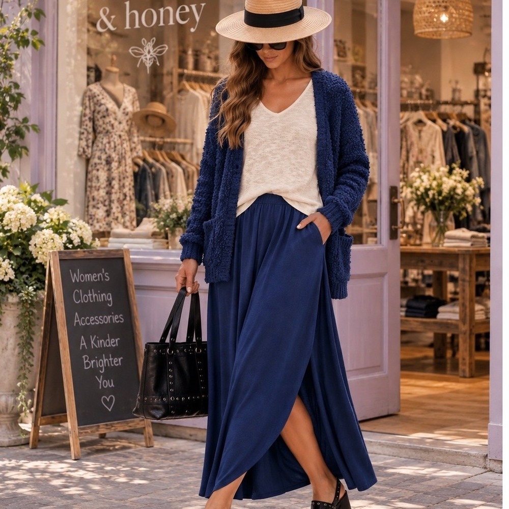235. New Zenana Navy Smocked Waist Tulip Hem Maxi Skirt with Pockets